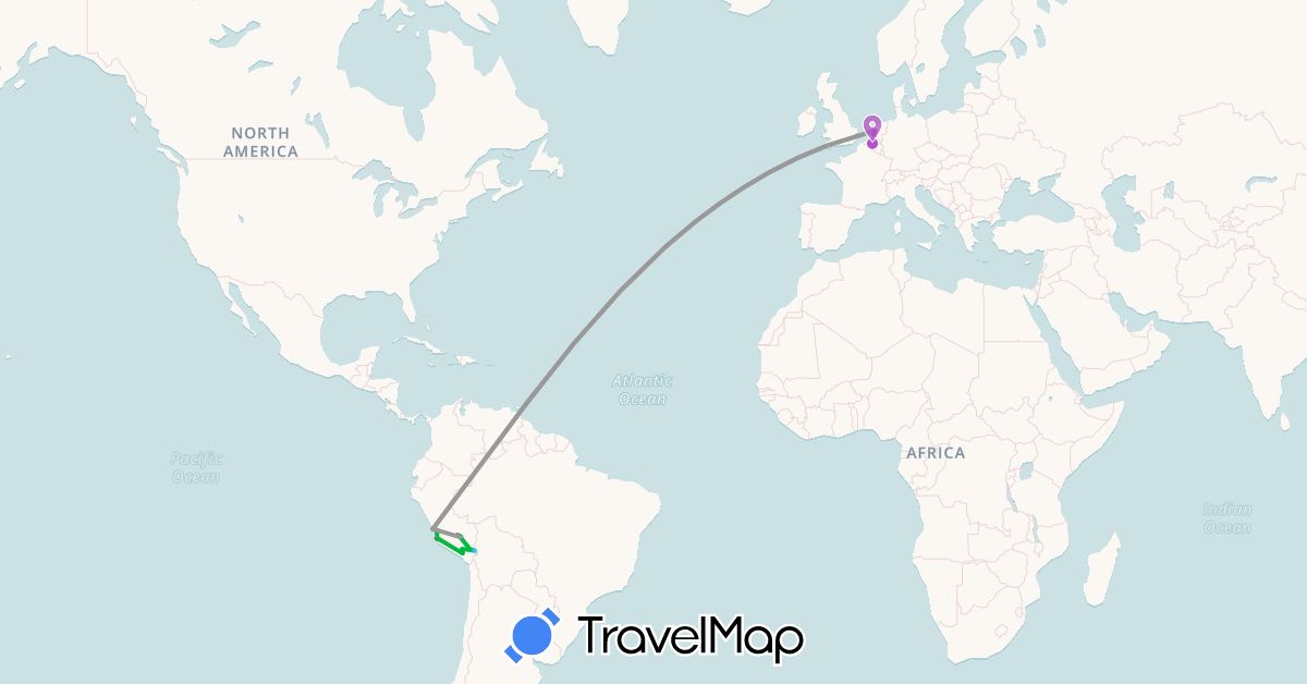 TravelMap itinerary: driving, bus, plane, train, hiking, boat in Belgium, Netherlands, Peru (Europe, South America)